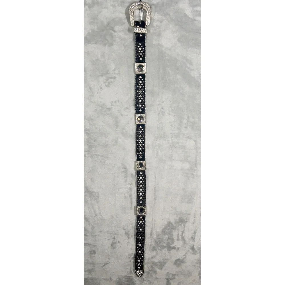 Western Leather Bling Belt Large Crystals Faux Horse Hair Womens Small Medium‎